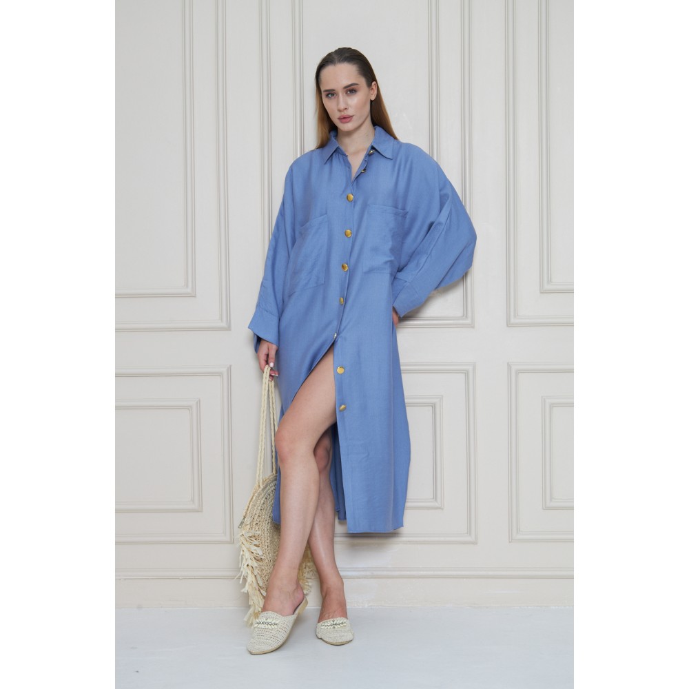 Pasaklı Giyim Pasaklı Giyim Kadın Oversize Yarasa Kol Tesettüre Uygun Gömlek Elbise-Tesettür Tunik Mavi - Premium Kadın Giyim