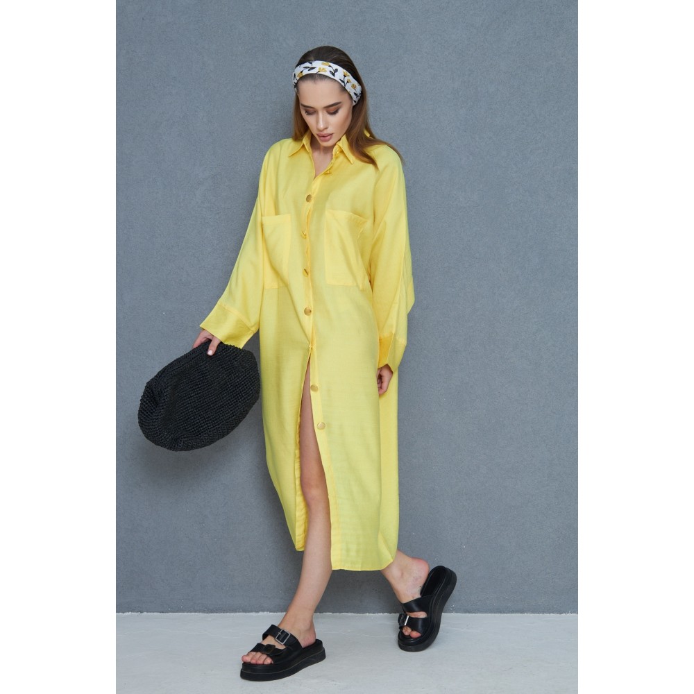 Pasaklı Giyim Pasaklı Giyim Kadın Oversize Yarasa Kol Tesettüre Uygun Gömlek Elbise-Tesettür Tunik Sarı - Premium Kadın Giyim