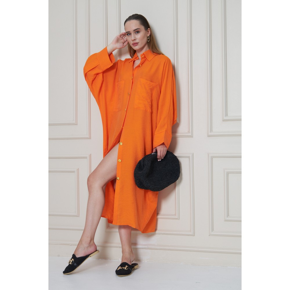 Pasaklı Giyim Pasaklı Giyim Kadın Oversize Yarasa Kol Tesettüre Uygun Gömlek Elbise-Tesettür Tunik Turuncu - Premium Kadın Giyim
