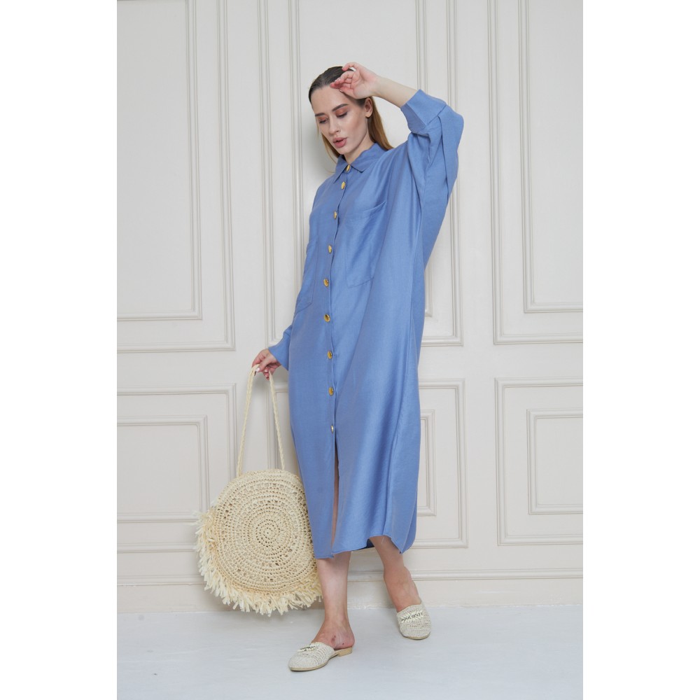 Pasaklı Giyim Pasaklı Giyim Kadın Oversize Yarasa Kol Tesettüre Uygun Gömlek Elbise-Tesettür Tunik Mavi - Premium Kadın Giyim