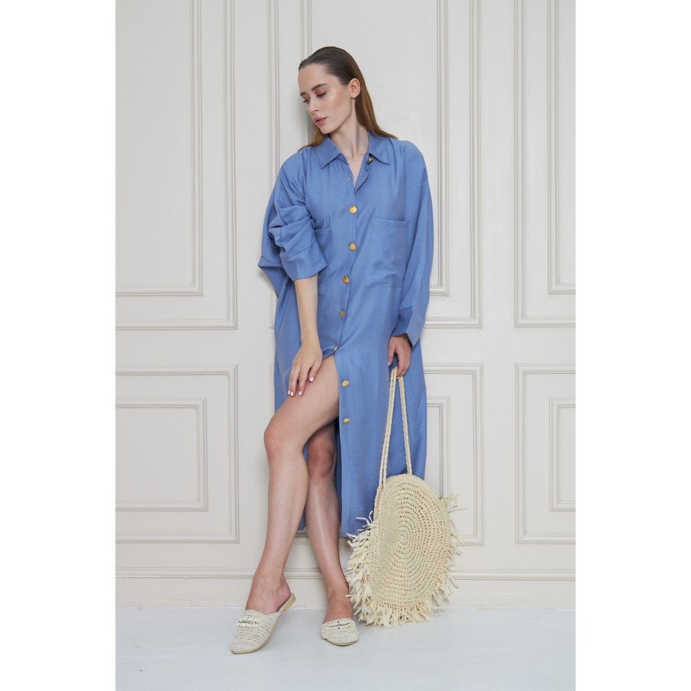 Pasaklı Giyim Pasaklı Giyim Kadın Oversize Yarasa Kol Tesettüre Uygun Gömlek Elbise-Tesettür Tunik Mavi - Premium Kadın Giyim