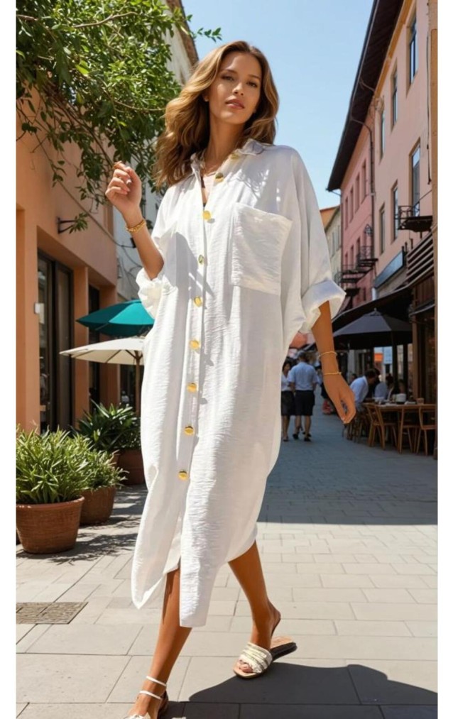 Pasaklı Giyim Kadın Oversize Yarasa Kol Tesettüre Uygun Gömlek Elbise-Tesettür Tunik 3282528 Ekru