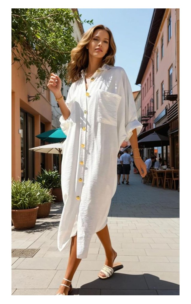 Pasaklı Giyim Kadın Oversize Yarasa Kol Tesettüre Uygun Gömlek Elbise-Tesettür Tunik 3282528 Ekru