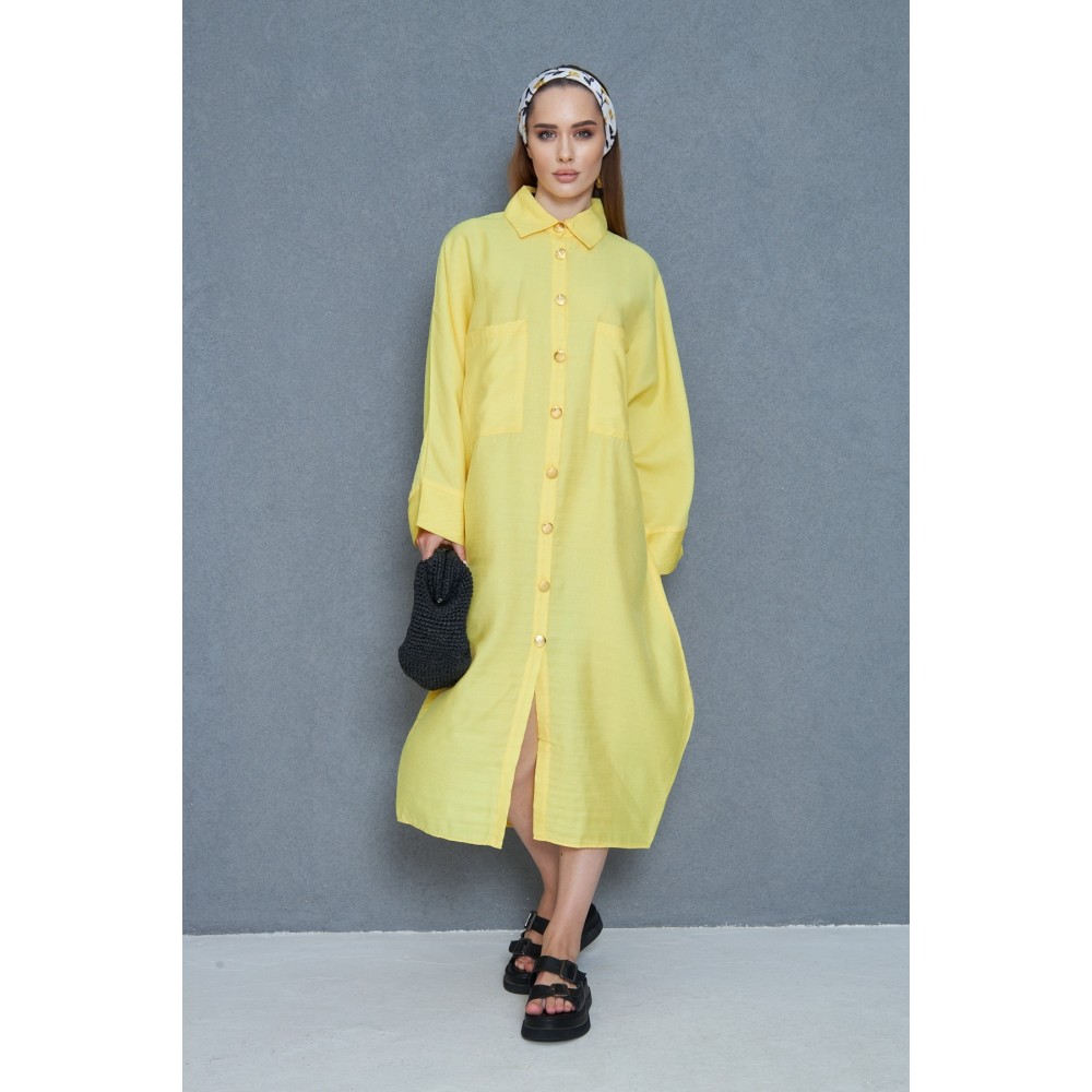 Pasaklı Giyim Pasaklı Giyim Kadın Oversize Yarasa Kol Tesettüre Uygun Gömlek Elbise-Tesettür Tunik Sarı - Premium Kadın Giyim