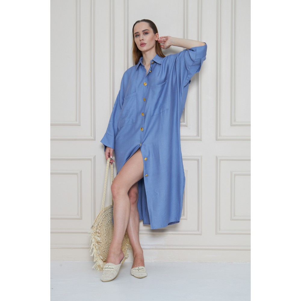 Pasaklı Giyim Pasaklı Giyim Kadın Oversize Yarasa Kol Tesettüre Uygun Gömlek Elbise-Tesettür Tunik Mavi - Premium Kadın Giyim