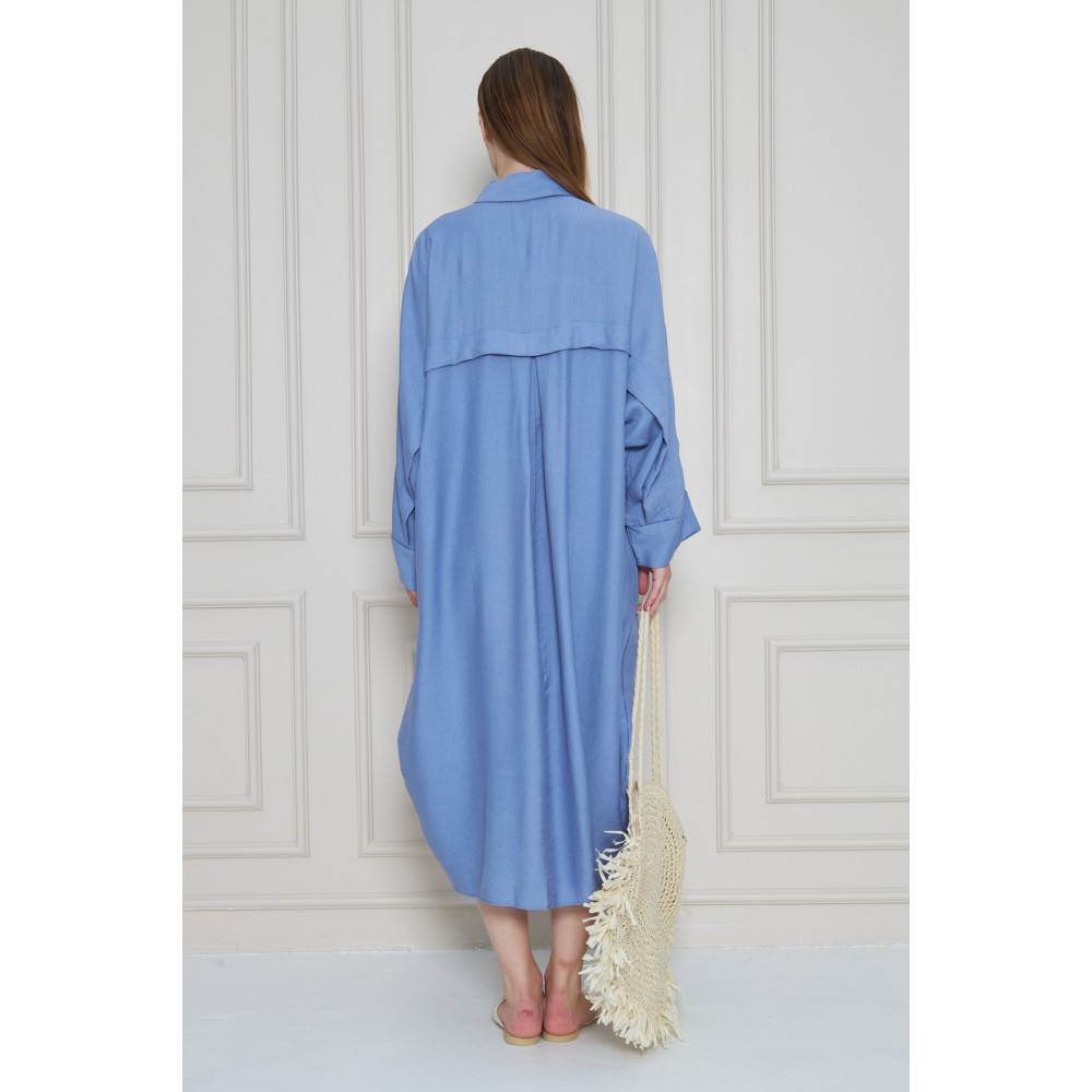 Pasaklı Giyim Pasaklı Giyim Kadın Oversize Yarasa Kol Tesettüre Uygun Gömlek Elbise-Tesettür Tunik Mavi - Premium Kadın Giyim