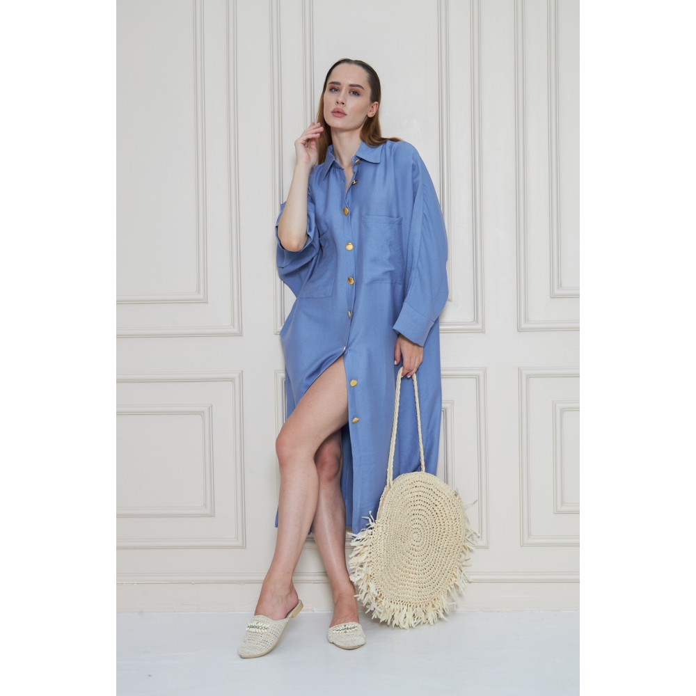 Pasaklı Giyim Pasaklı Giyim Kadın Oversize Yarasa Kol Tesettüre Uygun Gömlek Elbise-Tesettür Tunik Mavi - Premium Kadın Giyim