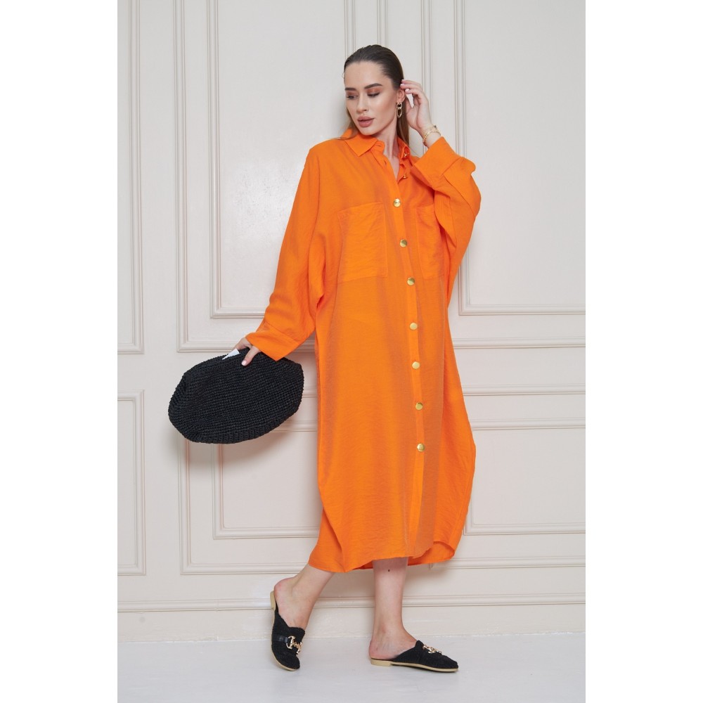 Pasaklı Giyim Pasaklı Giyim Kadın Oversize Yarasa Kol Tesettüre Uygun Gömlek Elbise-Tesettür Tunik Turuncu - Premium Kadın Giyim
