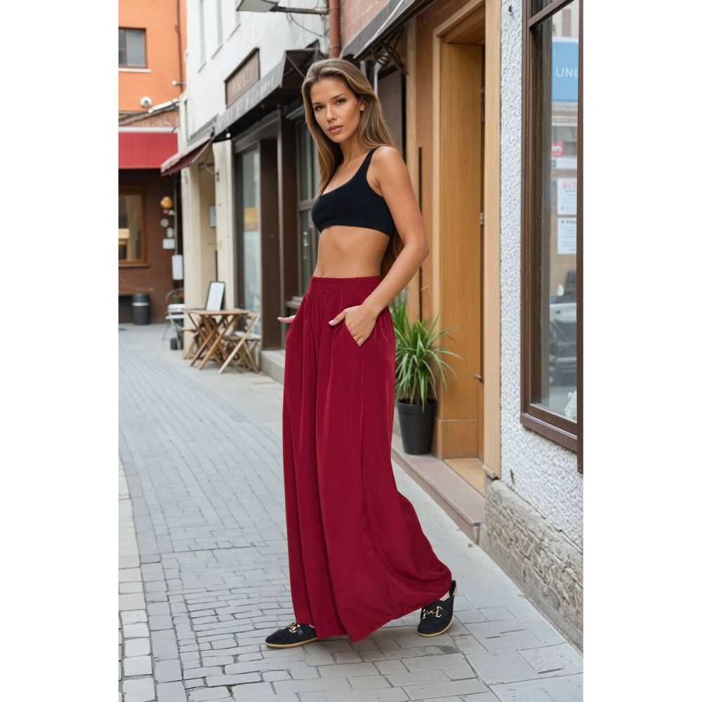 Pasaklı Giyim Pasaklı Giyim Beli Lastikli Tensel Kumaş Pantolon Bordo - Premium Kadın Giyim