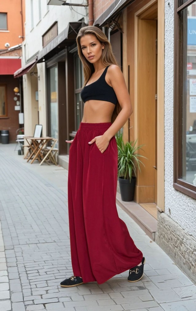 Pasaklı Giyim Beli Lastikli Tensel Kumaş Pantolon 3391341 Bordo