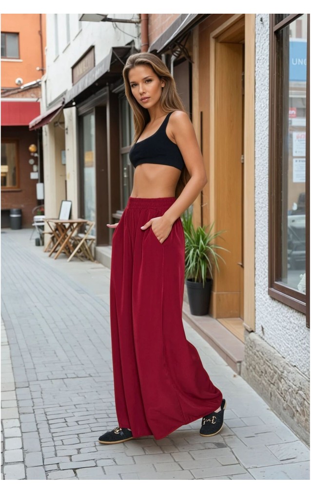 Pasaklı Giyim Beli Lastikli Tensel Kumaş Pantolon 3391341 Bordo