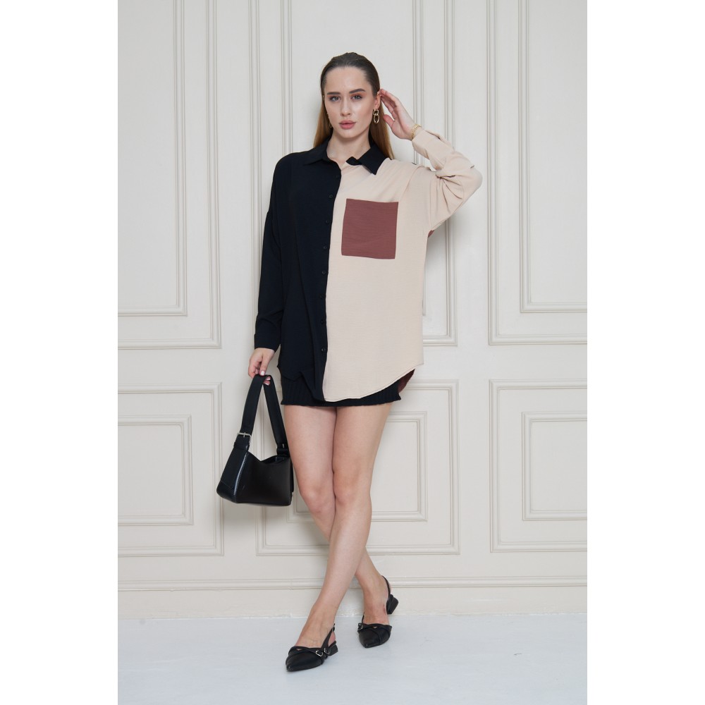 Pasaklı Giyim Pasaklı Giyim Kadın İki Renkli Gömlek Siyah-Bej - Premium Kadın Giyim