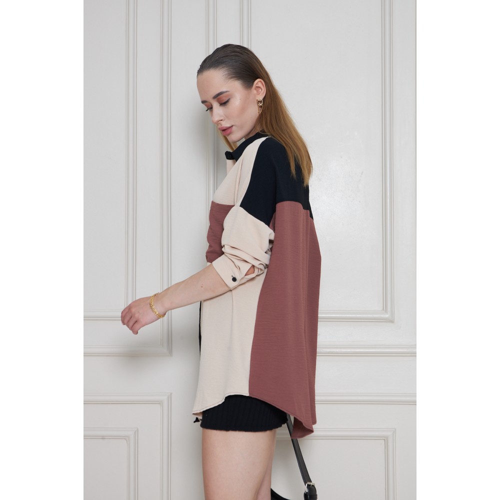 Pasaklı Giyim Pasaklı Giyim Kadın İki Renkli Gömlek Siyah-Bej - Premium Kadın Giyim