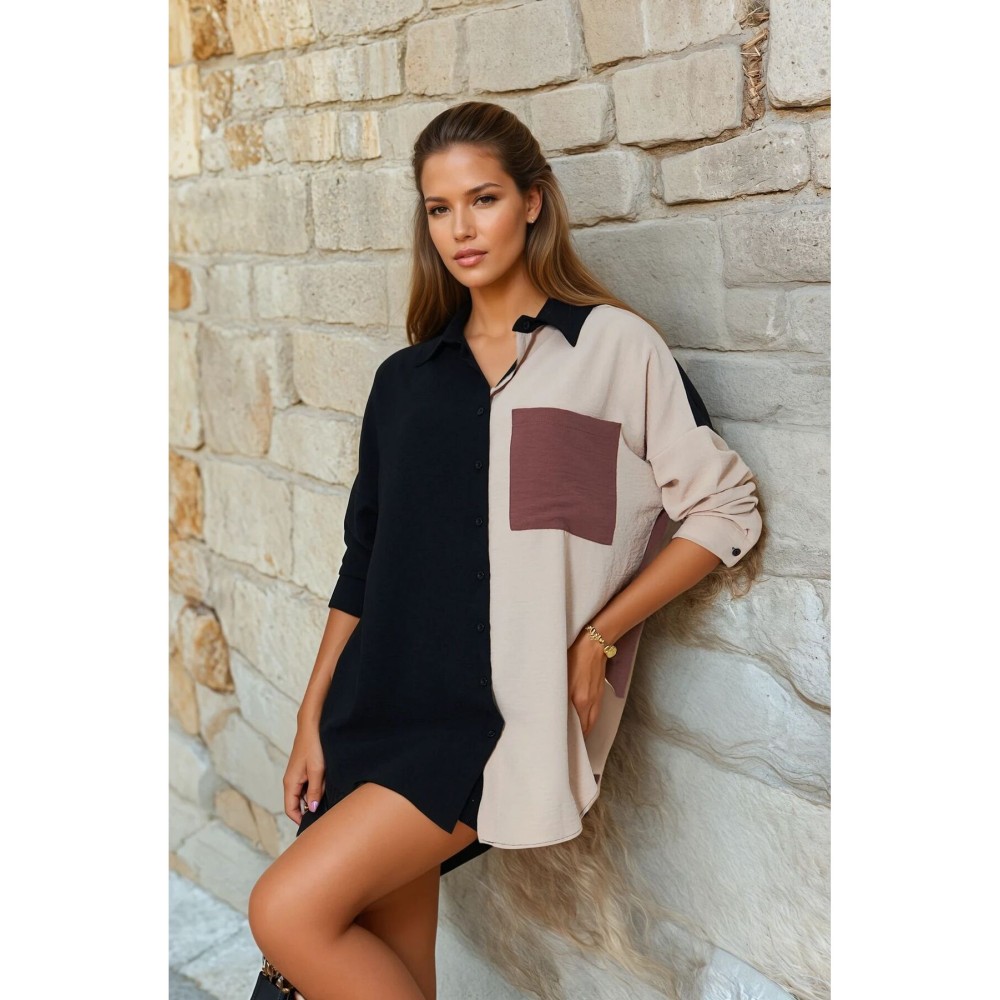 Pasaklı Giyim Pasaklı Giyim Kadın İki Renkli Gömlek Siyah-Bej - Premium Kadın Giyim