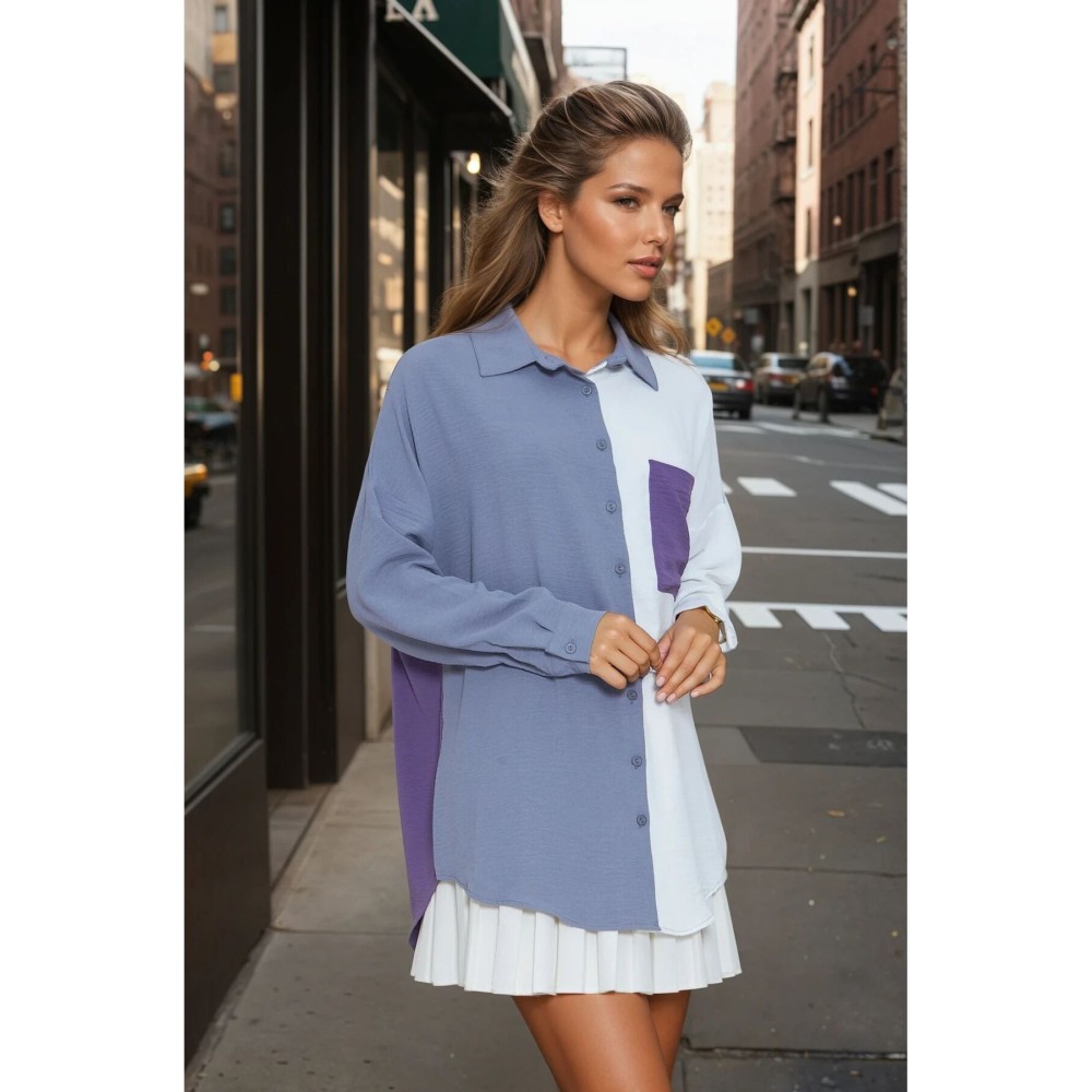 Pasaklı Giyim Pasaklı Giyim Kadın İki Renkli Gömlek Gri-Mor - Premium Kadın Giyim
