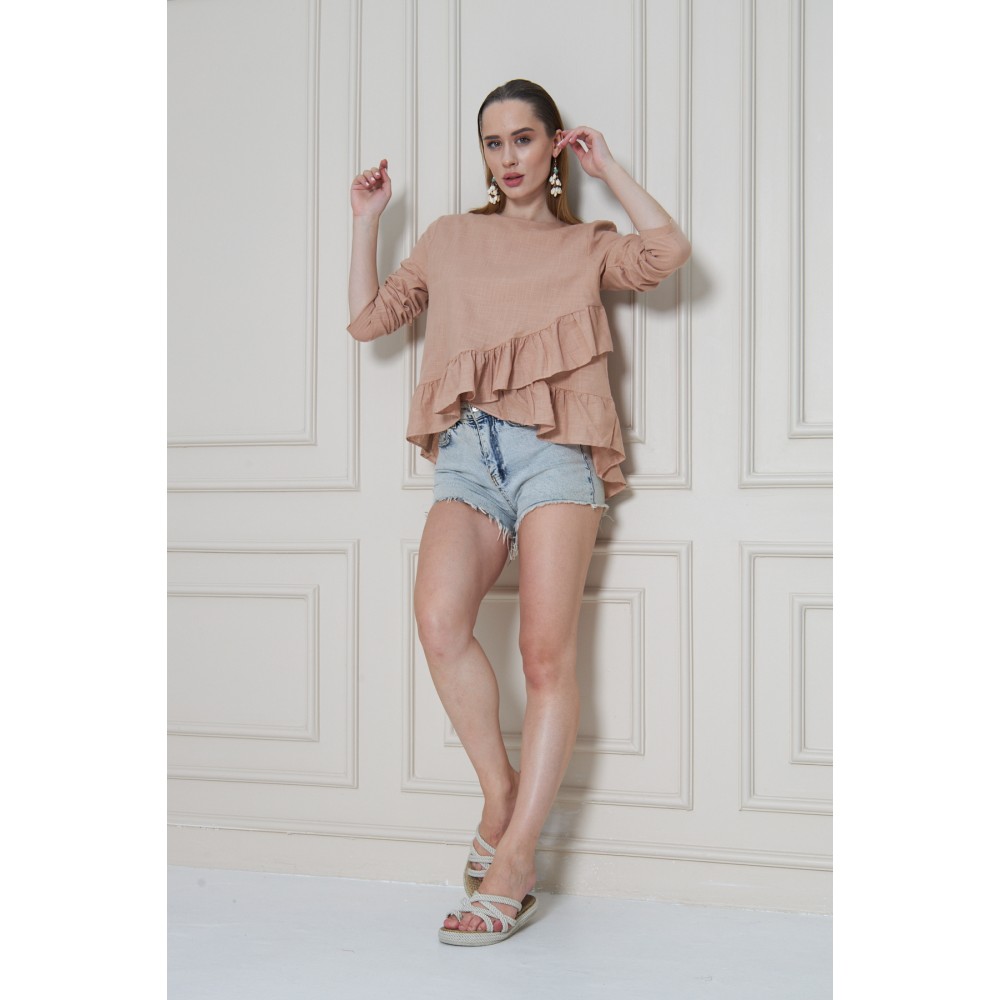 Pasaklı Giyim Pasaklı Giyim Kadın Fırfırlı Keten Bluz Vizon - Premium Kadın Giyim