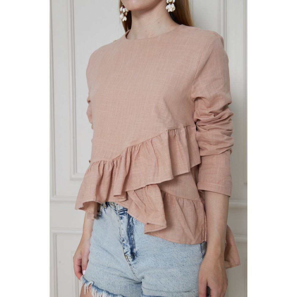 Pasaklı Giyim Pasaklı Giyim Kadın Fırfırlı Keten Bluz Vizon - Premium Kadın Giyim