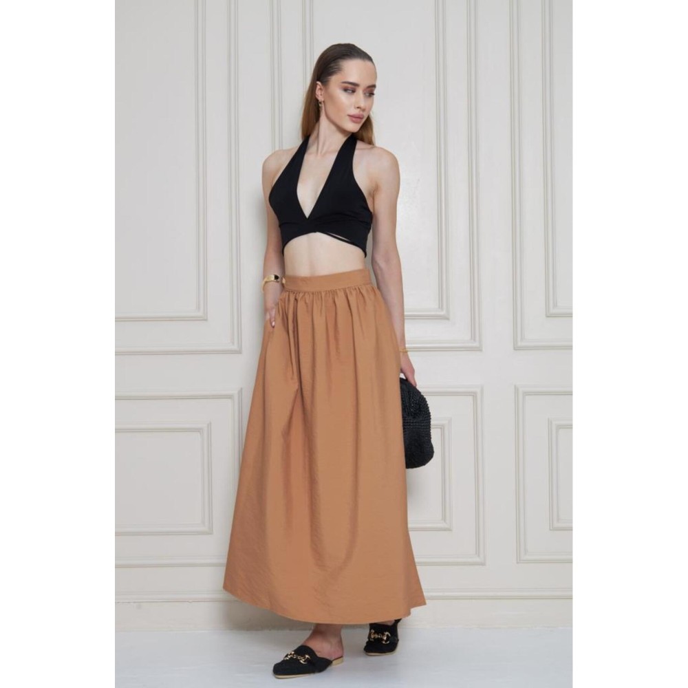 Pasaklı Giyim Pasaklı Giyim Kadın Karamel Paraşüt Kumaş Yazlık Gizli Fermuarlı Uzun Etek - Premium Kadın Giyim