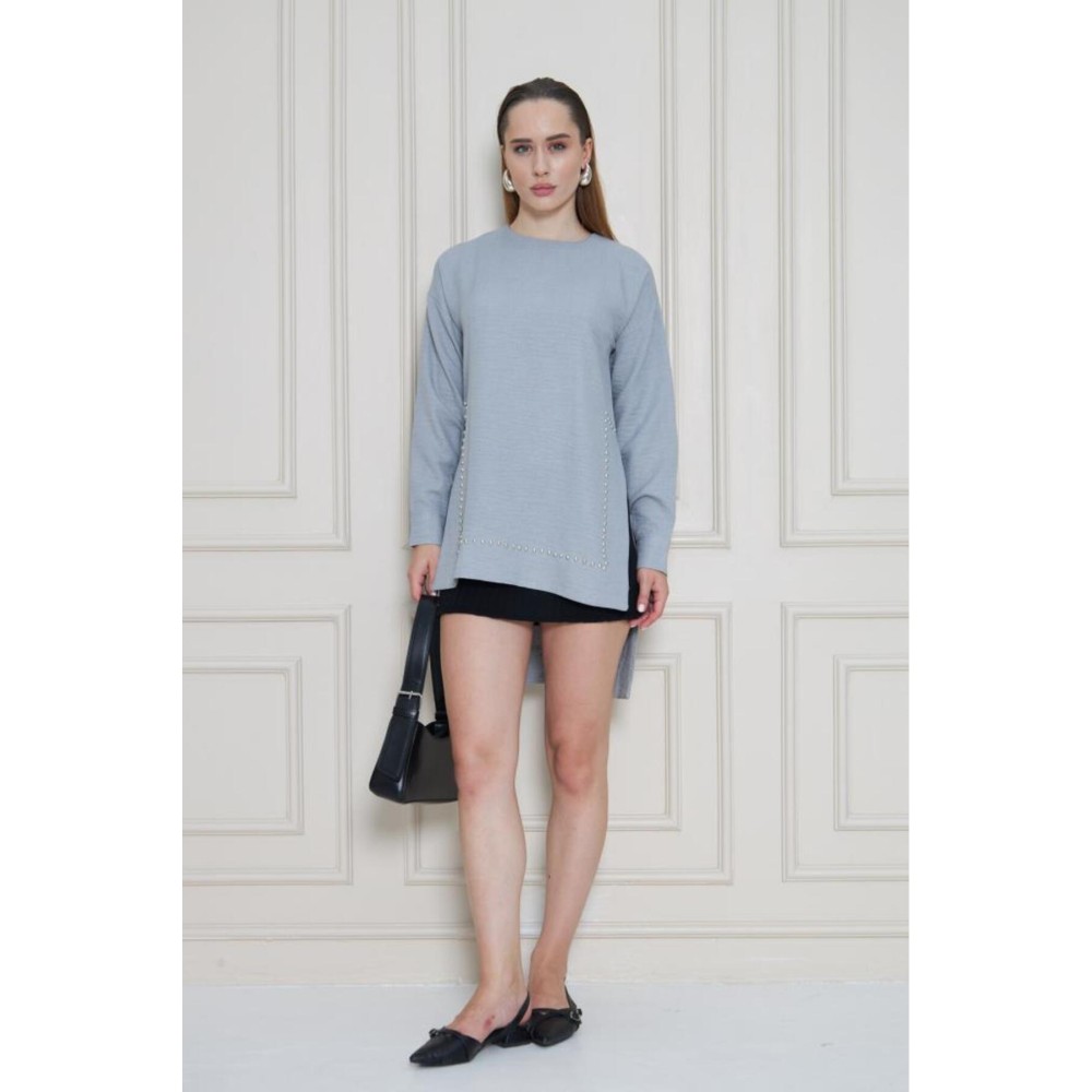 Pasaklı Giyim Pasaklı Giyim Kadın Premium Bambu Keten İncili Tunik Gri - Premium Kadın Giyim