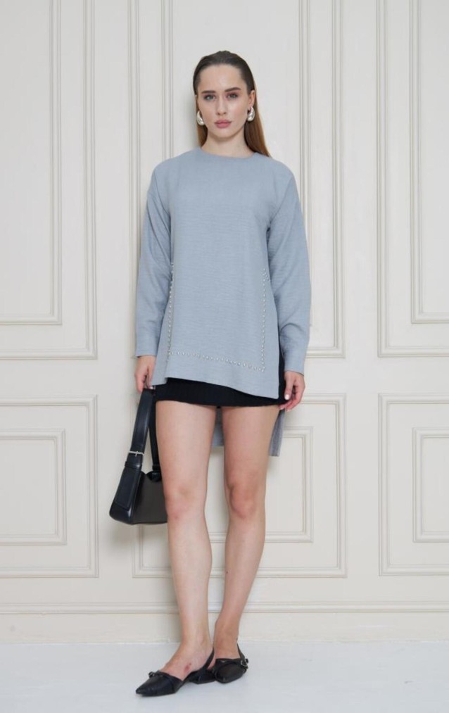 Pasaklı Giyim Kadın Premium Bambu Keten İncili Tunik 3733370 Gri