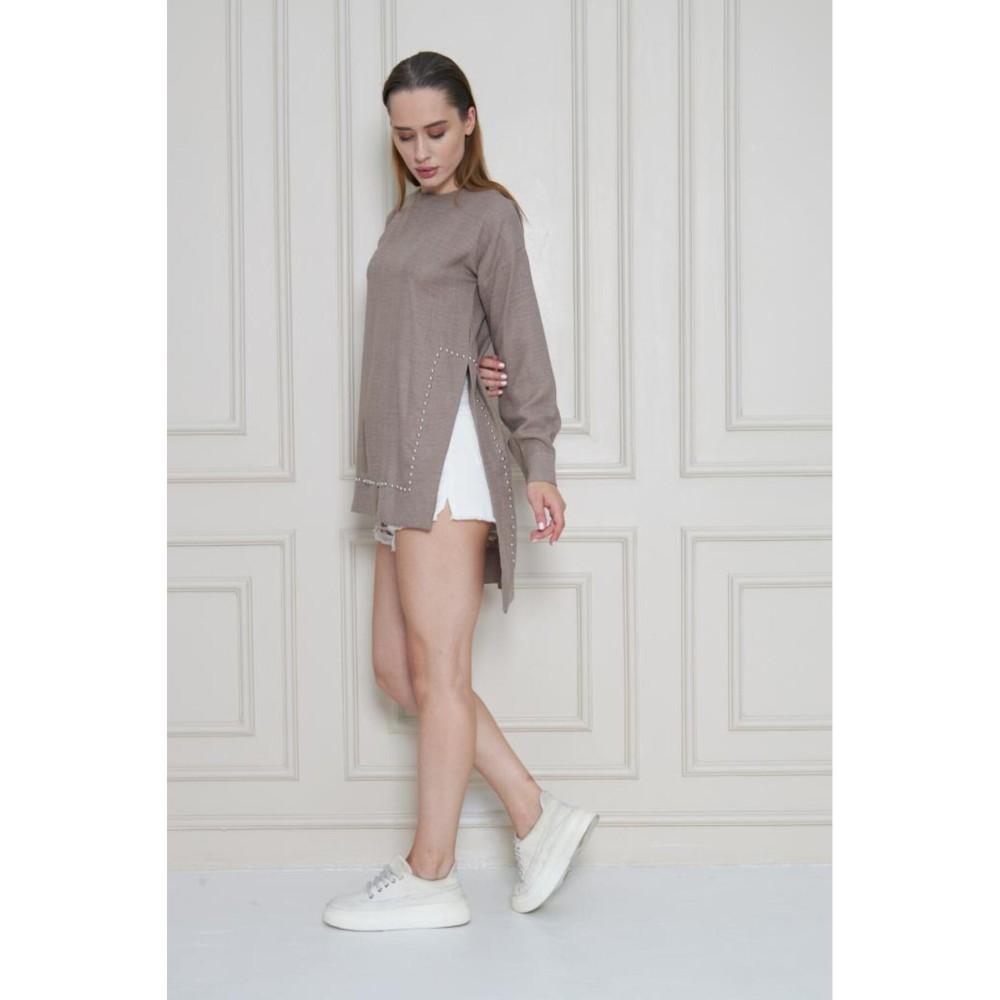 Pasaklı Giyim Pasaklı Giyim Kadın Premium Bambu Keten İncili Tunik Vizon - Premium Kadın Giyim