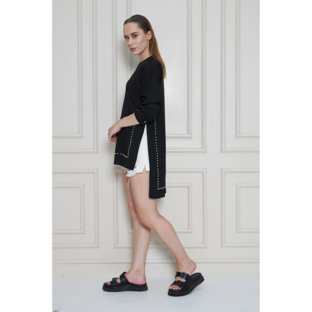 Pasaklı Giyim Pasaklı Giyim Kadın Premium Bambu Keten İncili Tunik Siyah - Premium Kadın Giyim