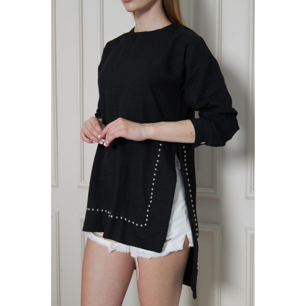 Pasaklı Giyim Pasaklı Giyim Kadın Premium Bambu Keten İncili Tunik Siyah - Premium Kadın Giyim