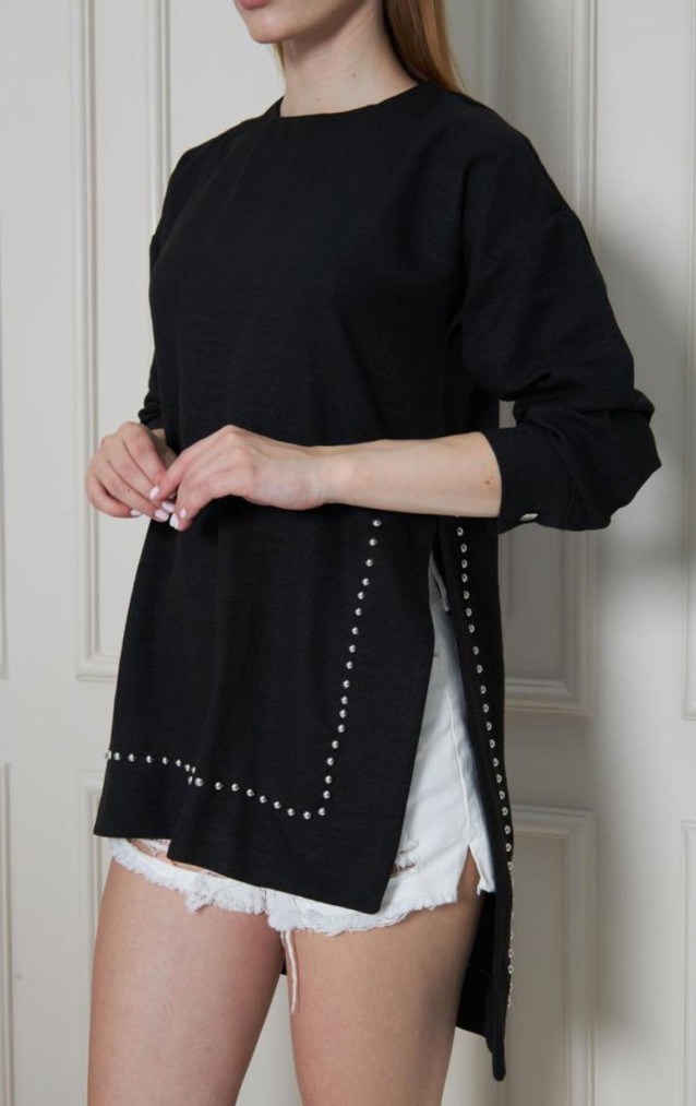 Pasaklı Giyim Kadın Premium Bambu Keten İncili Tunik 3733370 Siyah