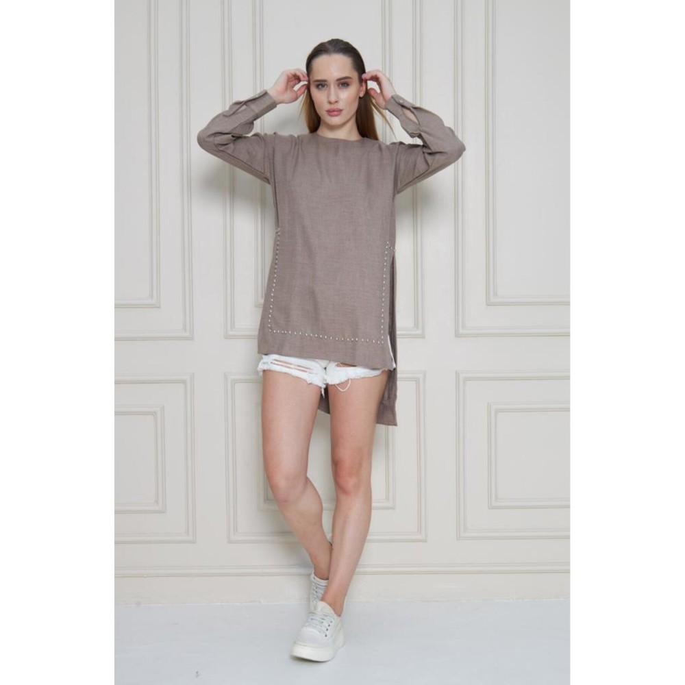 Pasaklı Giyim Pasaklı Giyim Kadın Premium Bambu Keten İncili Tunik Vizon - Premium Kadın Giyim