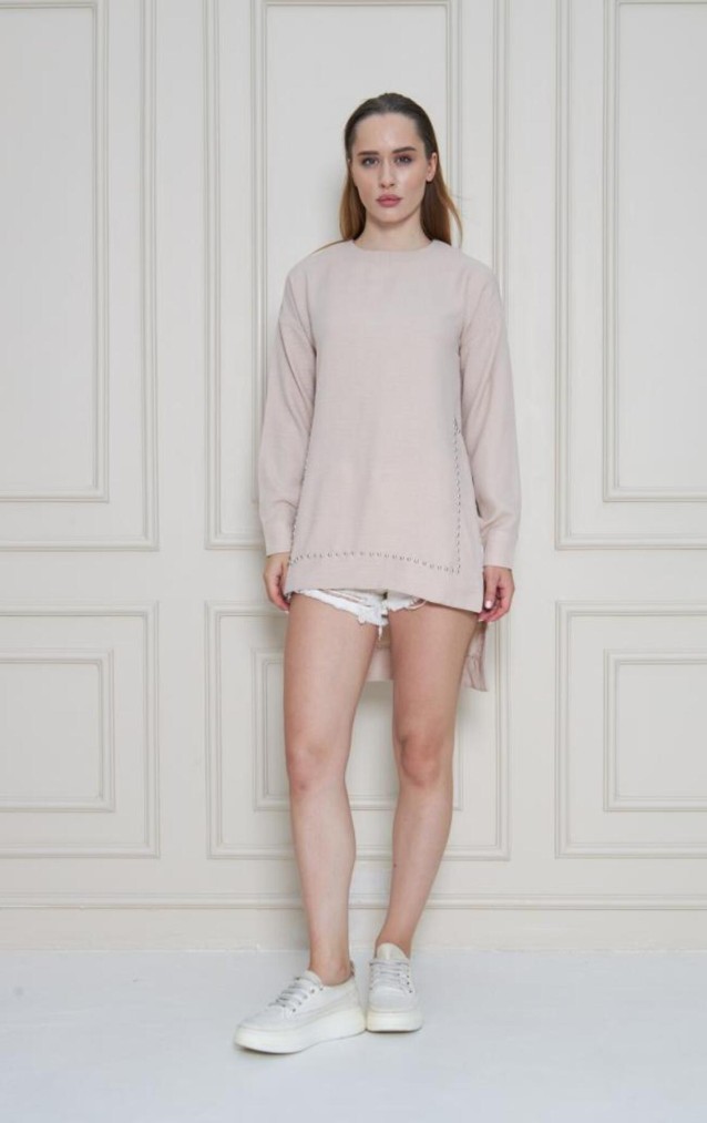 Pasaklı Giyim Kadın Premium Bambu Keten İncili Tunik 3733370 Taş