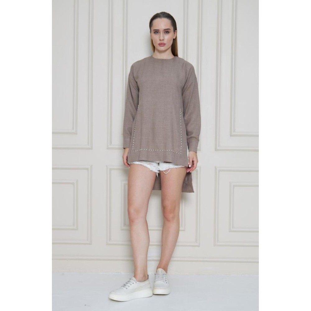 Pasaklı Giyim Pasaklı Giyim Kadın Premium Bambu Keten İncili Tunik Vizon - Premium Kadın Giyim