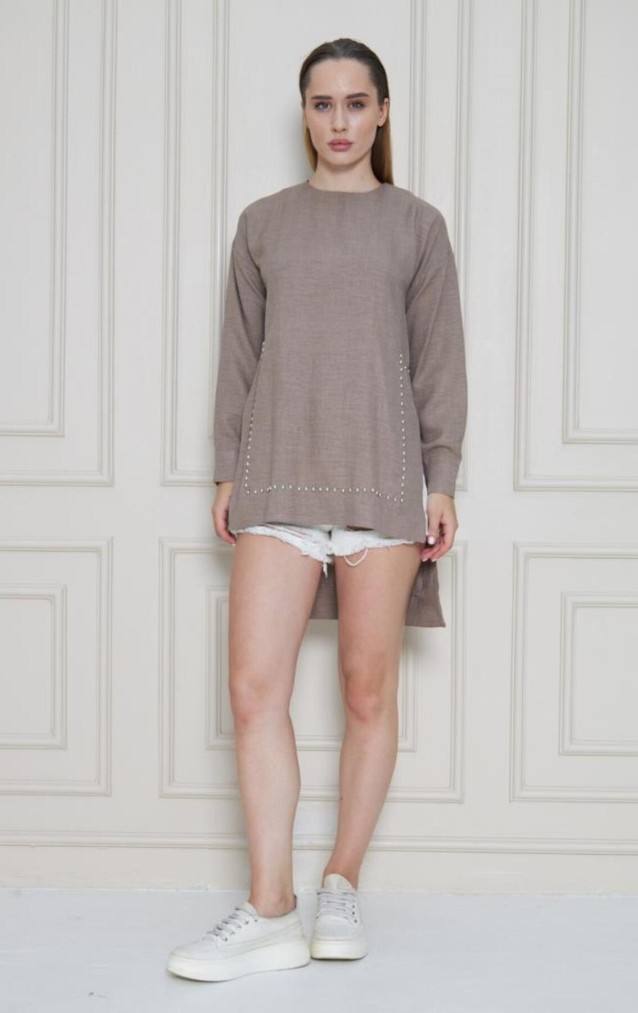 Pasaklı Giyim Kadın Premium Bambu Keten İncili Tunik 3733370 Vizon