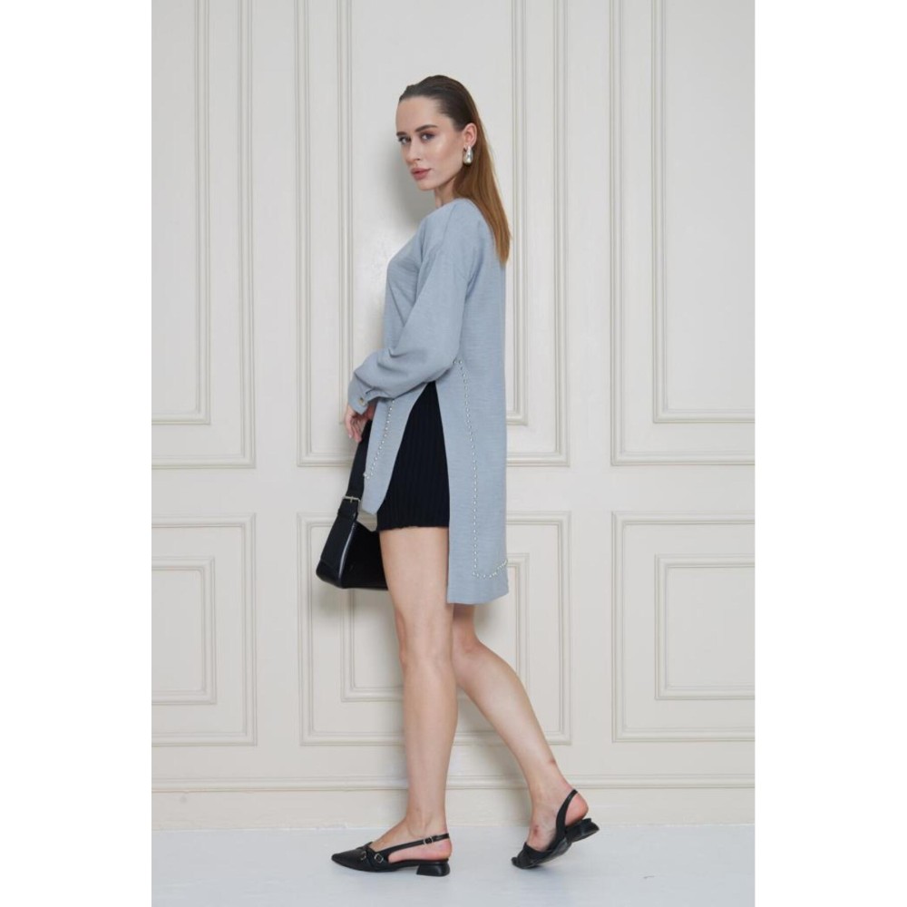 Pasaklı Giyim Pasaklı Giyim Kadın Premium Bambu Keten İncili Tunik Gri - Premium Kadın Giyim