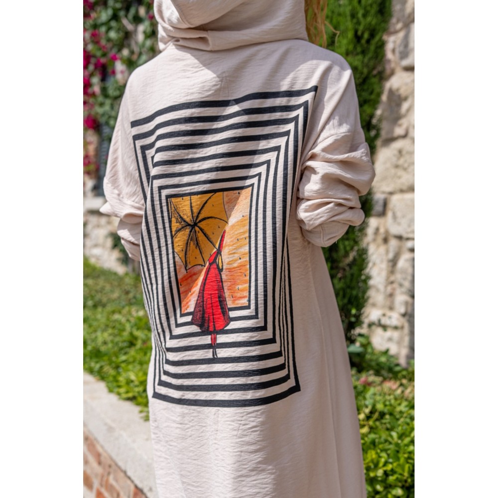 Pasaklı Giyim Pasaklı Giyim Kadın Sırtı Baskılı Kapüşonlu Elbise Taş - Premium Kadın Giyim