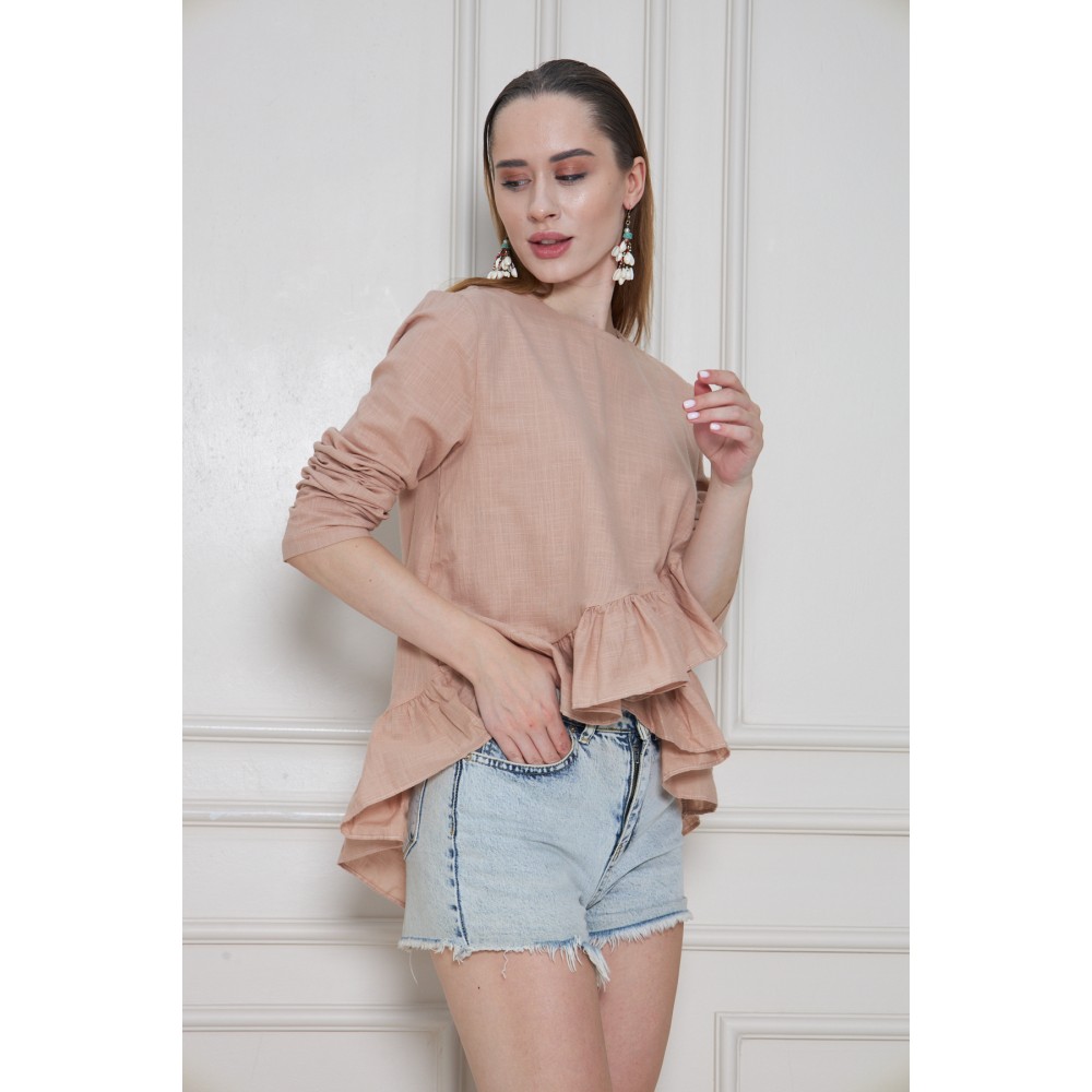Pasaklı Giyim Pasaklı Giyim Kadın Fırfırlı Keten Bluz Vizon - Premium Kadın Giyim
