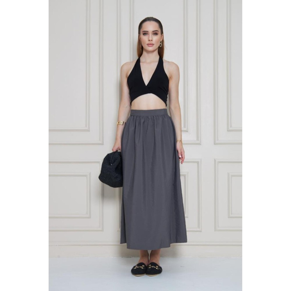 Pasaklı Giyim Pasaklı Giyim Kadın Gri Paraşüt Kumaş Yazlık Gizli Fermuarlı Uzun Etek - Premium Kadın Giyim