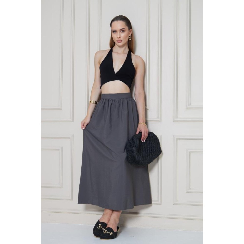 Pasaklı Giyim Pasaklı Giyim Kadın Gri Paraşüt Kumaş Yazlık Gizli Fermuarlı Uzun Etek - Premium Kadın Giyim