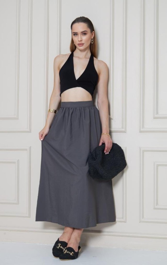 Pasaklı Giyim Kadın Gri Paraşüt Kumaş Yazlık Gizli Fermuarlı Uzun Etek 3730286