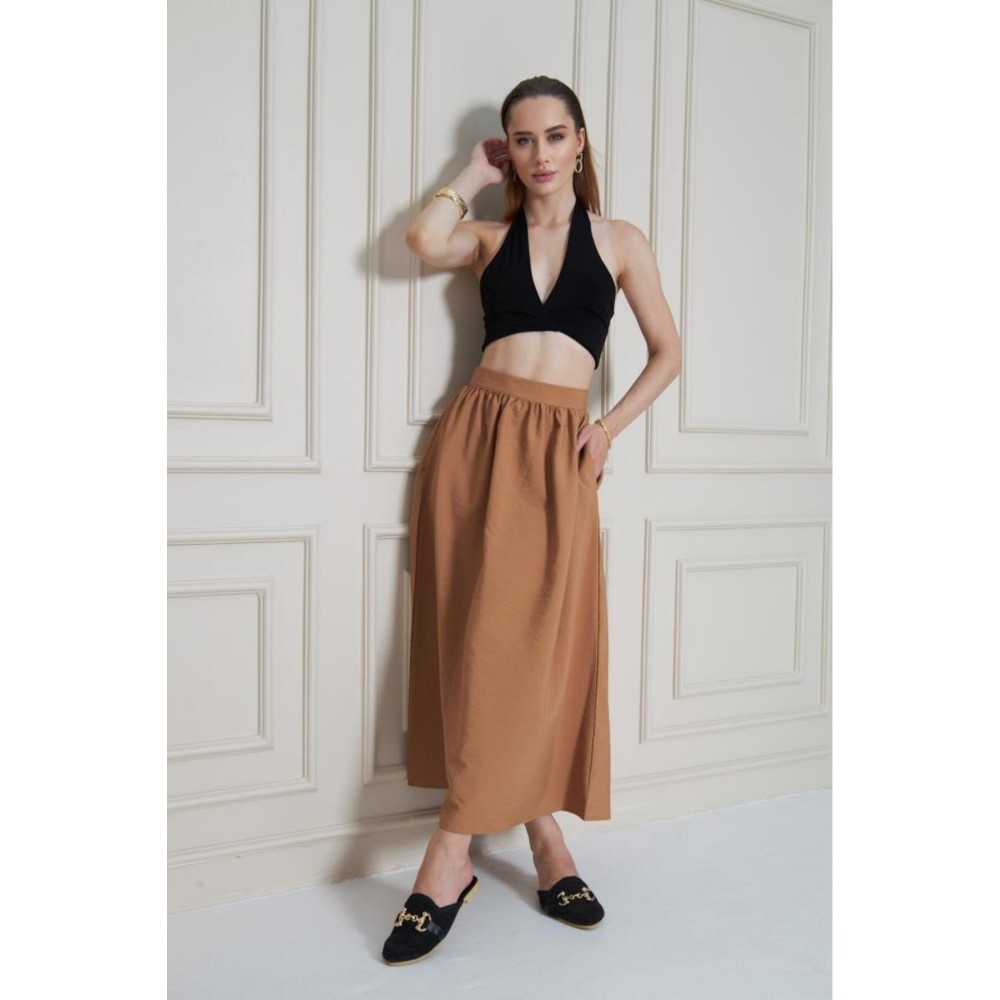 Pasaklı Giyim Pasaklı Giyim Kadın Karamel Paraşüt Kumaş Yazlık Gizli Fermuarlı Uzun Etek - Premium Kadın Giyim
