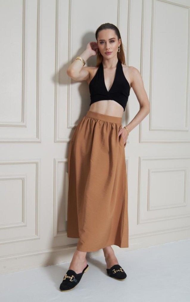 Pasaklı Giyim Kadın Karamel Paraşüt Kumaş Yazlık Gizli Fermuarlı Uzun Etek 3730286