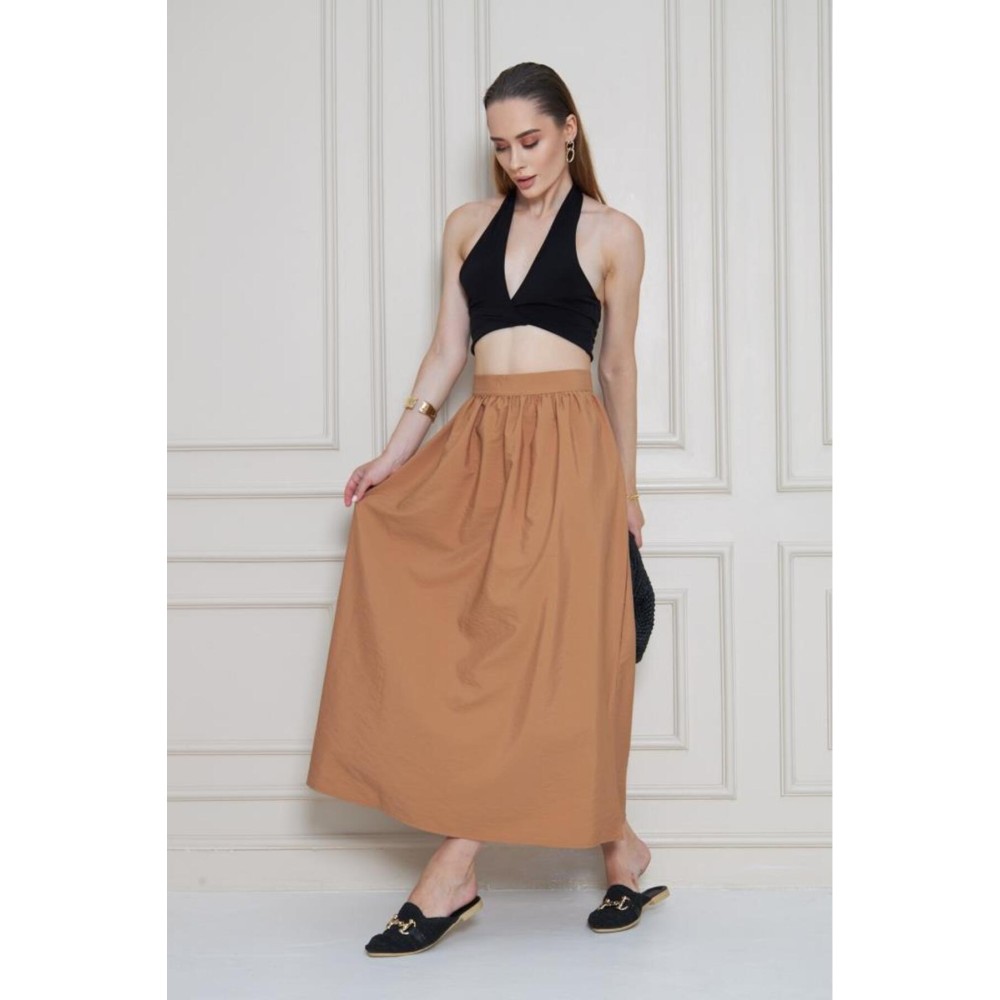 Pasaklı Giyim Pasaklı Giyim Kadın Karamel Paraşüt Kumaş Yazlık Gizli Fermuarlı Uzun Etek - Premium Kadın Giyim