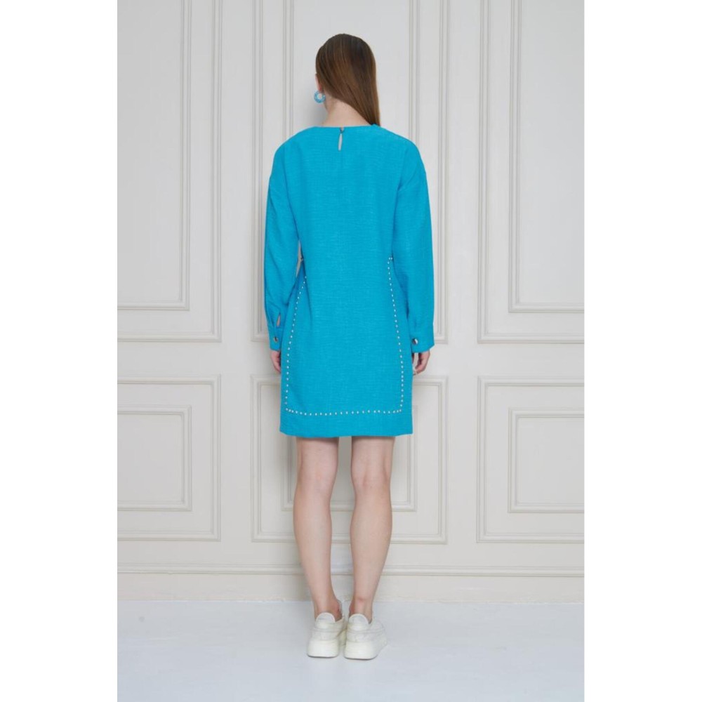 Pasaklı Giyim Pasaklı Giyim Kadın Premium Bambu Keten İncili Tunik Turkuaz - Premium Kadın Giyim