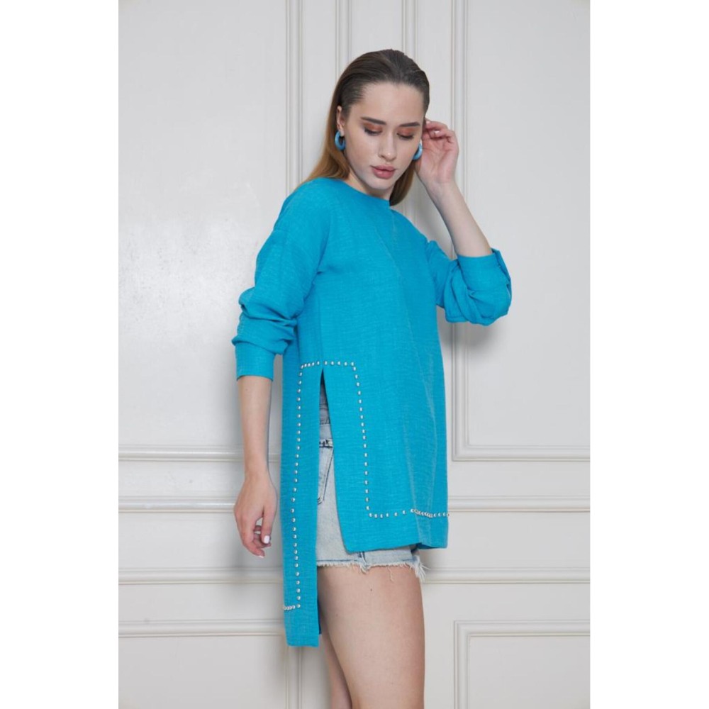 Pasaklı Giyim Pasaklı Giyim Kadın Premium Bambu Keten İncili Tunik Turkuaz - Premium Kadın Giyim