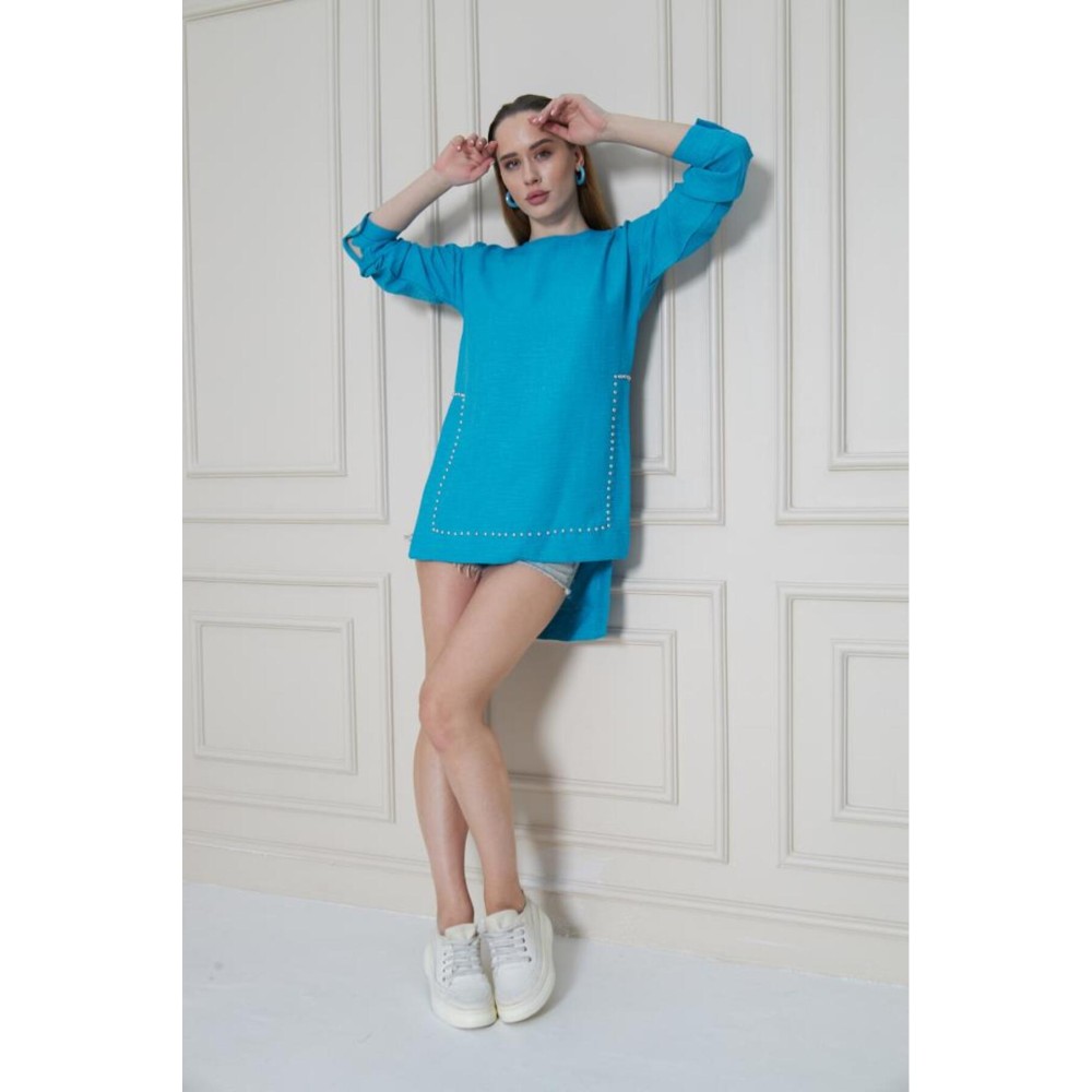 Pasaklı Giyim Pasaklı Giyim Kadın Premium Bambu Keten İncili Tunik Turkuaz - Premium Kadın Giyim