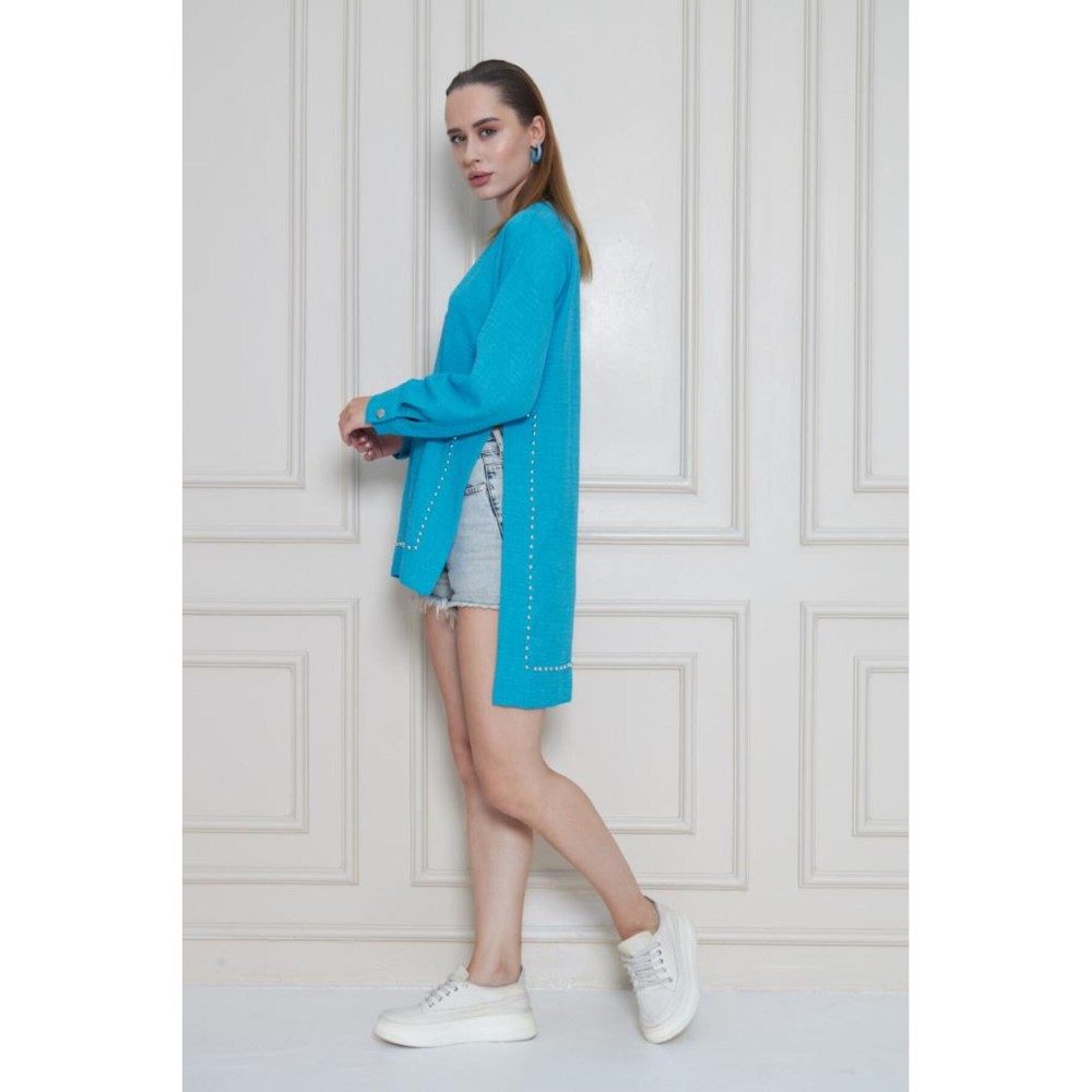 Pasaklı Giyim Pasaklı Giyim Kadın Premium Bambu Keten İncili Tunik Turkuaz - Premium Kadın Giyim