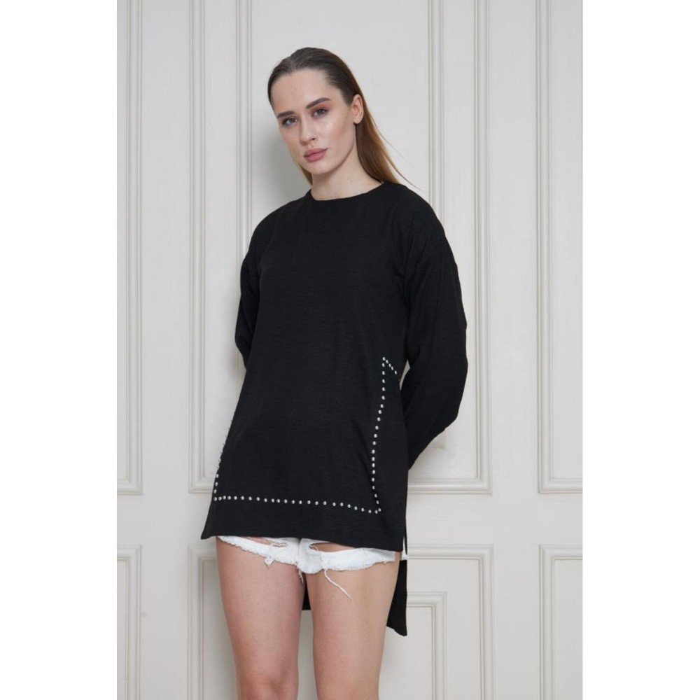 Pasaklı Giyim Pasaklı Giyim Kadın Premium Bambu Keten İncili Tunik Siyah - Premium Kadın Giyim