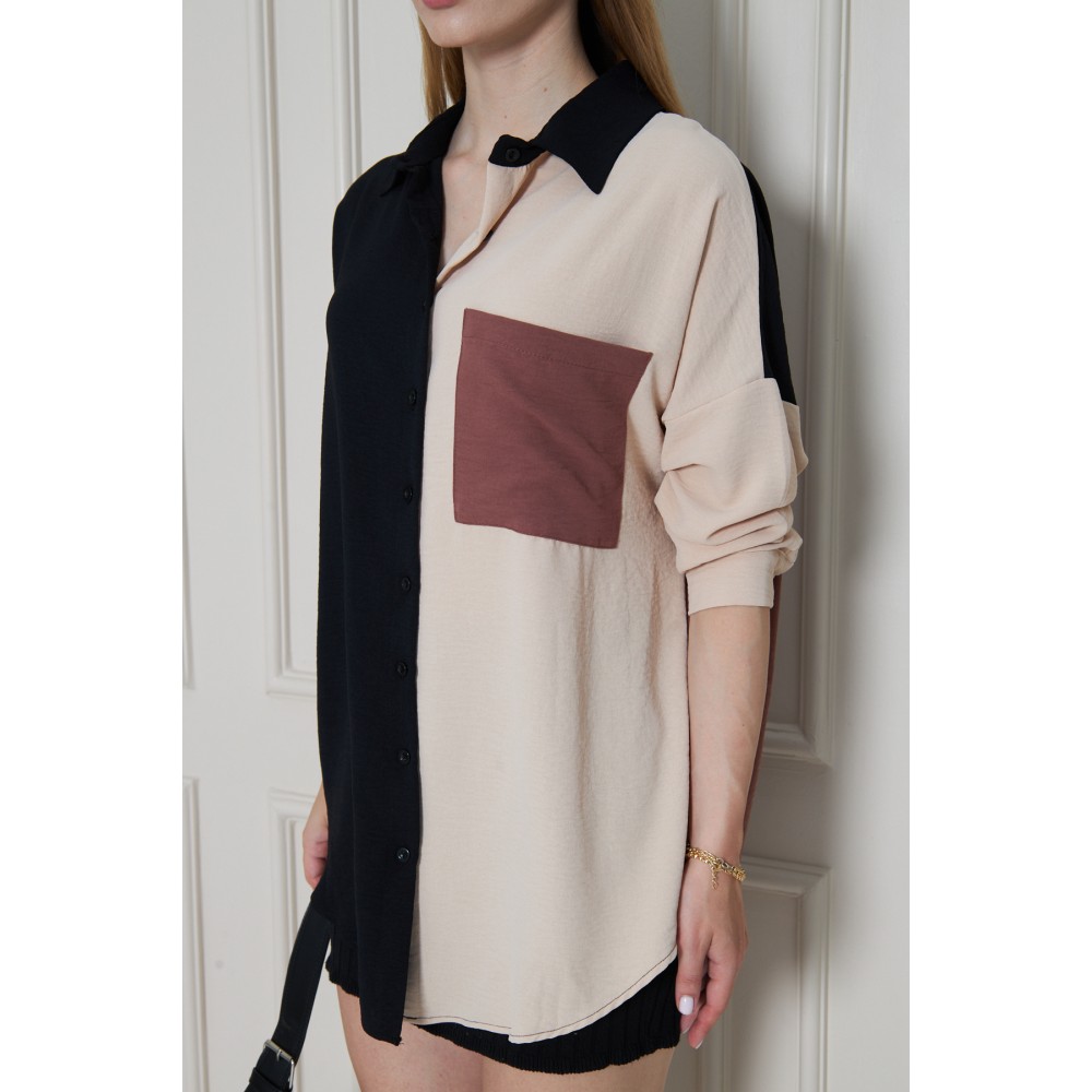 Pasaklı Giyim Pasaklı Giyim Kadın İki Renkli Gömlek Siyah-Bej - Premium Kadın Giyim