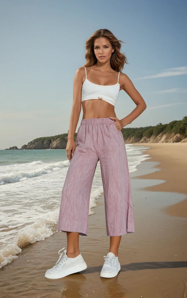 Pasaklı Giyim Kadın Keten Kapri Pantolon 3404209 Bordo