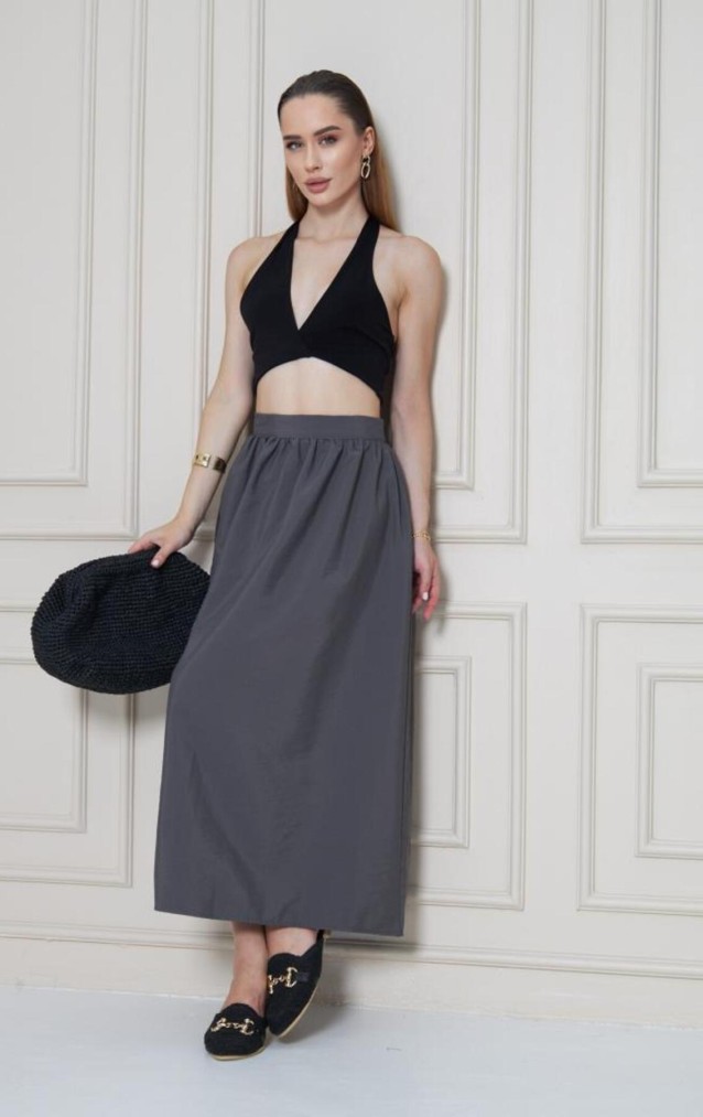 Pasaklı Giyim Kadın Gri Paraşüt Kumaş Yazlık Gizli Fermuarlı Uzun Etek 3730286