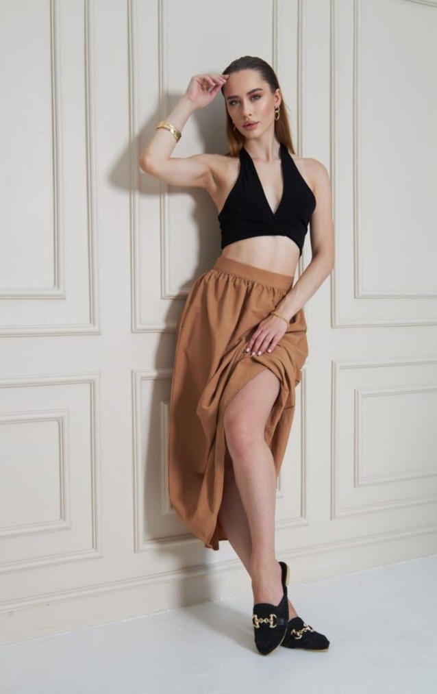 Pasaklı Giyim Kadın Karamel Paraşüt Kumaş Yazlık Gizli Fermuarlı Uzun Etek 3730286